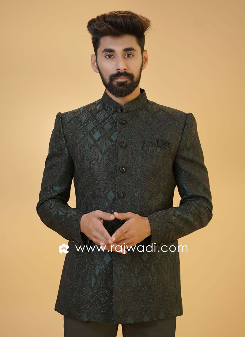 Designer Jacket Style Green Jodhpuri Suit