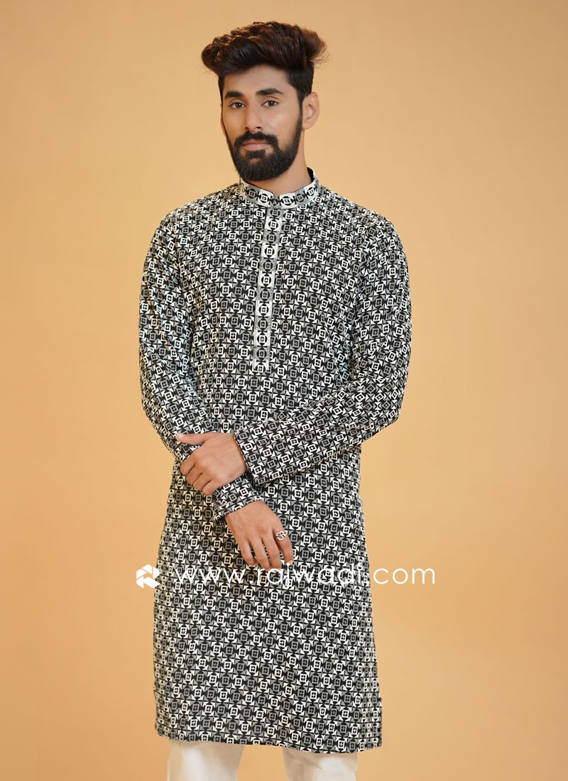 Lucknowi Black Thread Embroidered Kurta Pajama