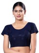 Navy Blue Short Sleeves Blouse In Shimmer With Round Neckline