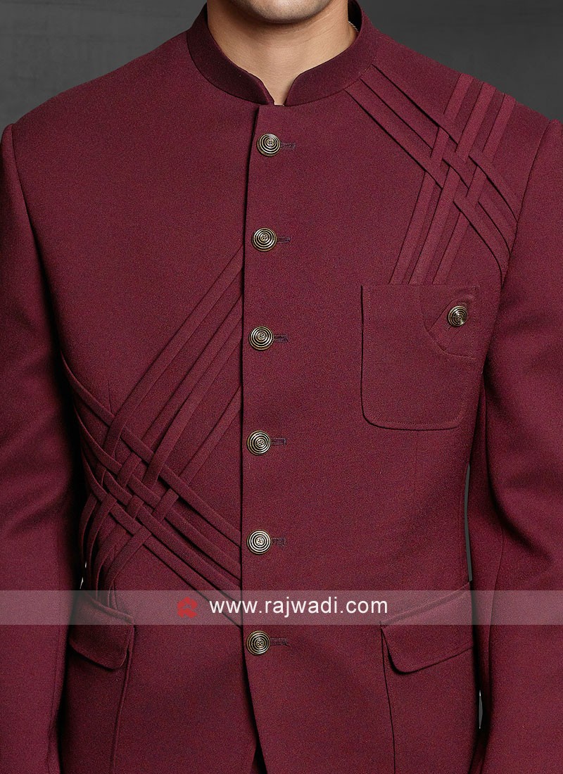 508738: Red and Maroon color family stitched Jodhpuri Suit .