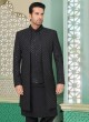 Black Jacket Style Embroidered Indowestern Set In Silk