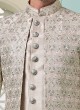 Elegant Light Grey Thread Embroidered Indowestern For Groom