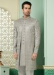 Grey Thread Embroidered Jacket Style Indowestern Set