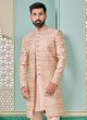 Stylish Peach Jacket Style Indowestern Set For Men