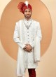 White Silk Sherwani Set With Intricate Embroidery