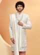 Off White Jacket Style Sherwani Set In Silk With Embroidered Detail