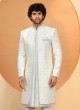 Readymade White Silk Jacket Style Sherwani With Embroidered Work