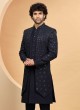 Graceful Dark Navy Blue Jacket Style Indowestern Set For Men