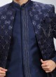 Elegant Blue Groom Jacket Style Thread Embroidered Indowestern Set