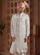 White Embroidered Anarkali Style Sherwani In Art Silk