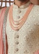 Cream Embroidered Groom Sherwani Set In Art Silk