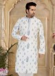 White Readymade Cotton Silk Thread Embroidered Kurta Pajama