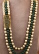 Three Layered White And Green Long Mala With Pearl