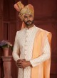 Cream Embroidered Dulha Sherwani Set In Silk