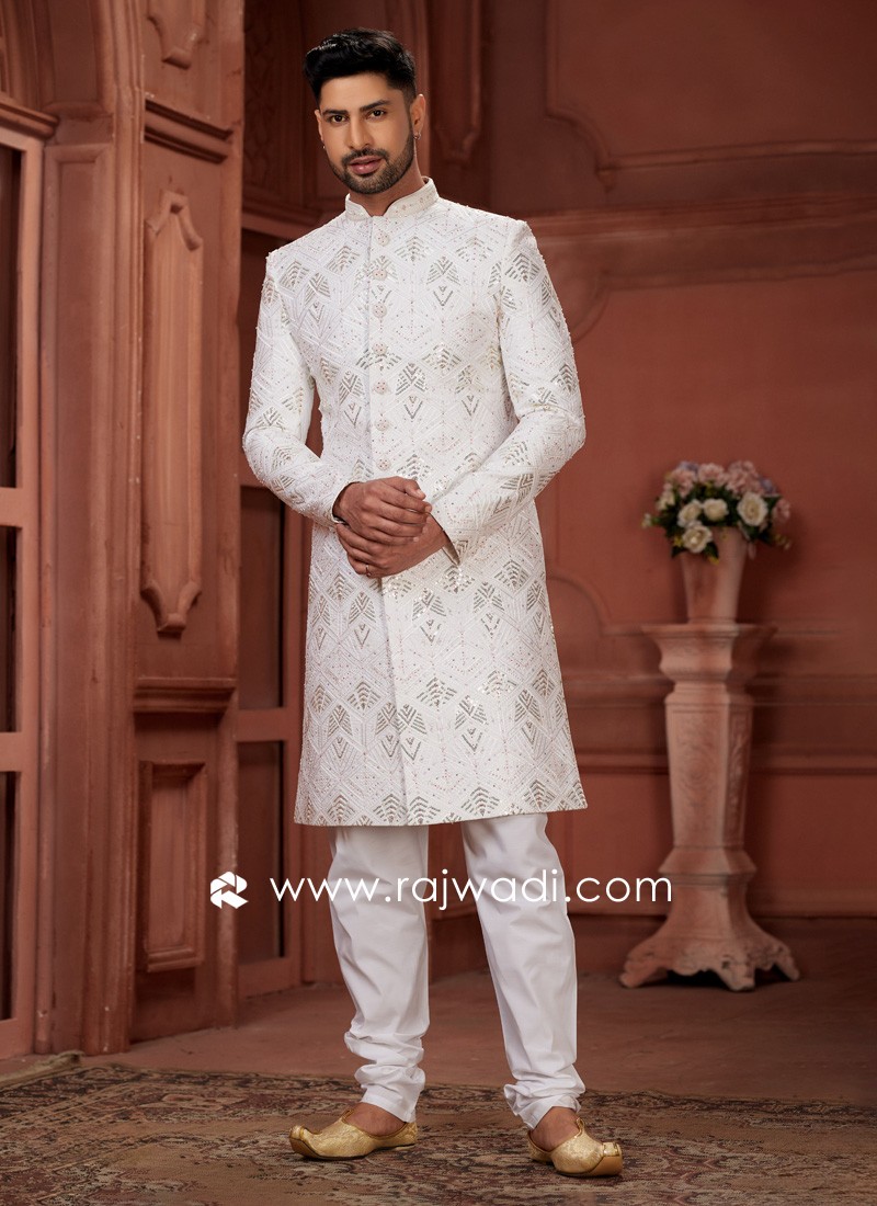 Silk White Elegant Design Sherwani Set For Groom