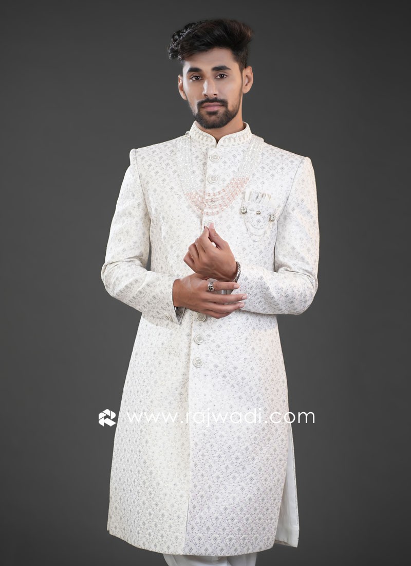 Wedding Wear White Embroidered Sherwani For Groom