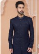 Navy Blue Indowestern In Jacquard Silk With Embroidery
