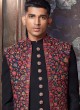 Reception Wear Flower Print Indowestern In Black Color