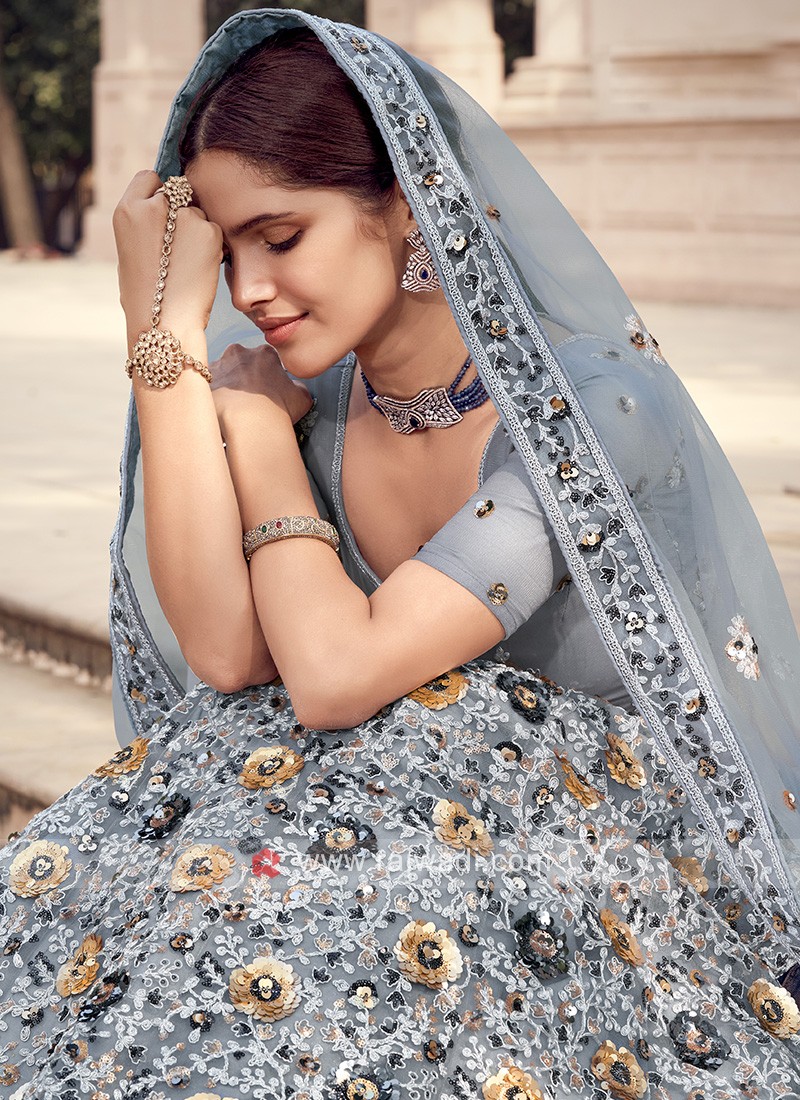 Grey Color Digital Net Designer Bridal Wear Lehenga Choli