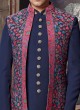 Floral Printed Jacket Indowestern In Navy Blue