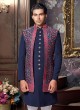 Floral Printed Jacket Indowestern In Navy Blue