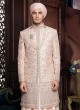 Embroidery Peach Anarkali Sherwani For Groom