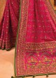 Deep Pink Kachhi Embroidered Silk Saree