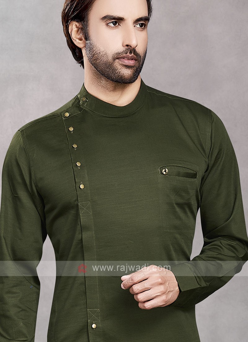 Dark Olive Green & White Kurta Pajama