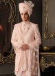 Peach Sherwani In Silk With Net Embroidered Dupatta