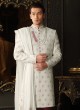 Groom White Embroidered Sherwani In Silk