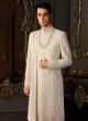 Cream Sherwani Set In Silk With Embroidery Work