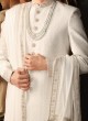 White Sherwani Set In Silk With Dupatta