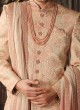 Peach Sherwani Set In Silk With Embroidery