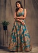 Printed Organza Lehenga In Teal Blue Color