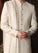 Off White Sherwani Set In Silk With Thread Work