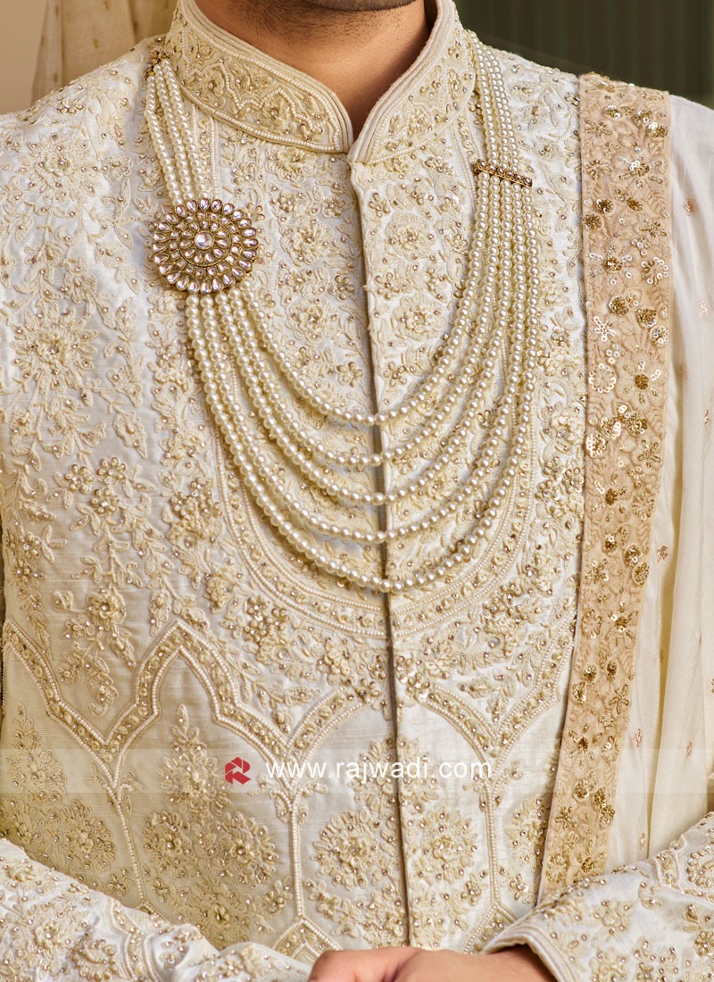 Anarkali Style Sherwani In Cream Color