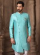 Aqua Blue Wedding Wear Jacquard Silk Indowestern Set