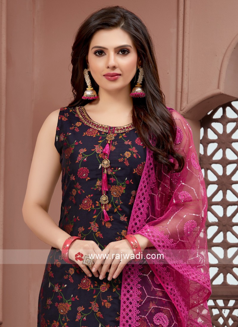 Navy Blue Floral Weaving Brocade Silk Salwar Suit