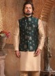 Dark Green And Golden Cream Weaving Print Nehru Jacket Set