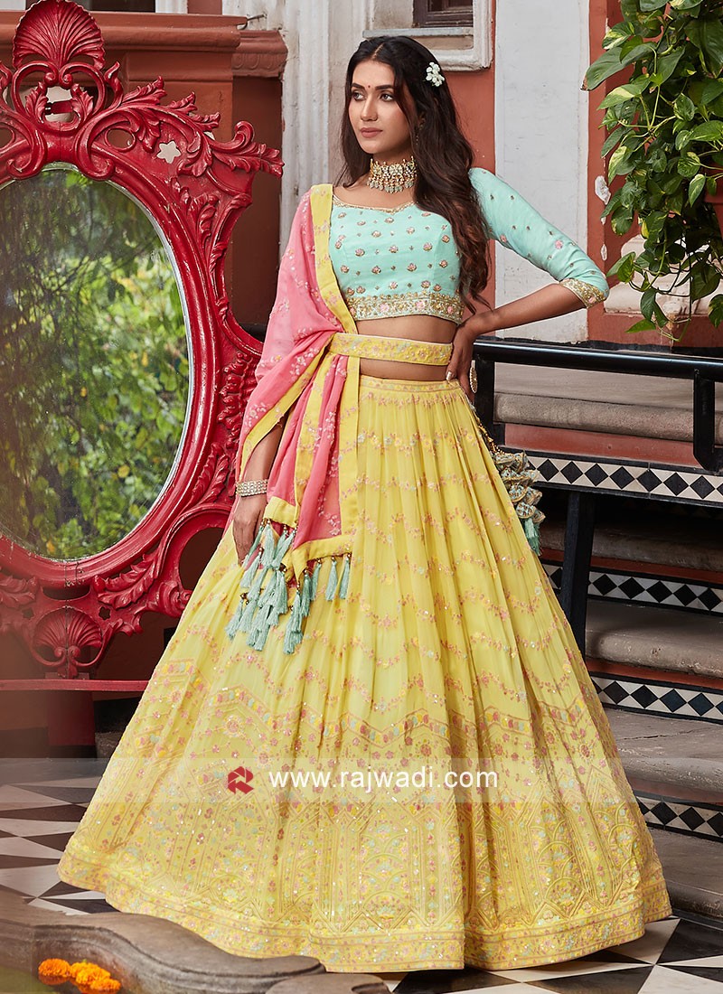 Yellow And Pista Green Lehenga Choli With Contrast Dupatta