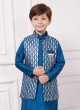 Readymade Blue Indowestern Set In Cotton Silk