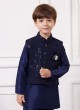 Designer Navy Blue Nehru Jacket Set In Cotton Silk