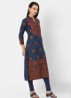 Cotton Printed Churidar Suit In Blue Color