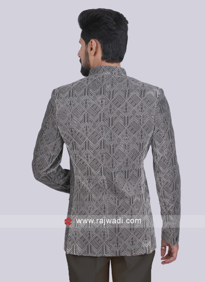 Traditional Wear Grey Velvet Jodhpuri Suit