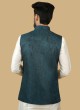 Silk Jacquard Work Nehru Jacket In Rama Green