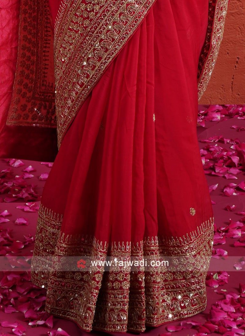 Buy Beautiful Red Heavy Designer Georgette Bridal Saree | Bridal Sarees