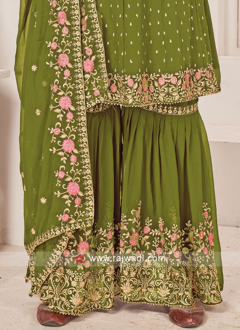 Green Embroidered Silk Sharara with Long Kurti Set – CNP Associates LLC