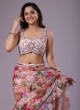 Light Peach Floral Organza Saree With Ruffles