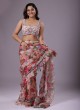 Light Peach Floral Organza Saree With Ruffles