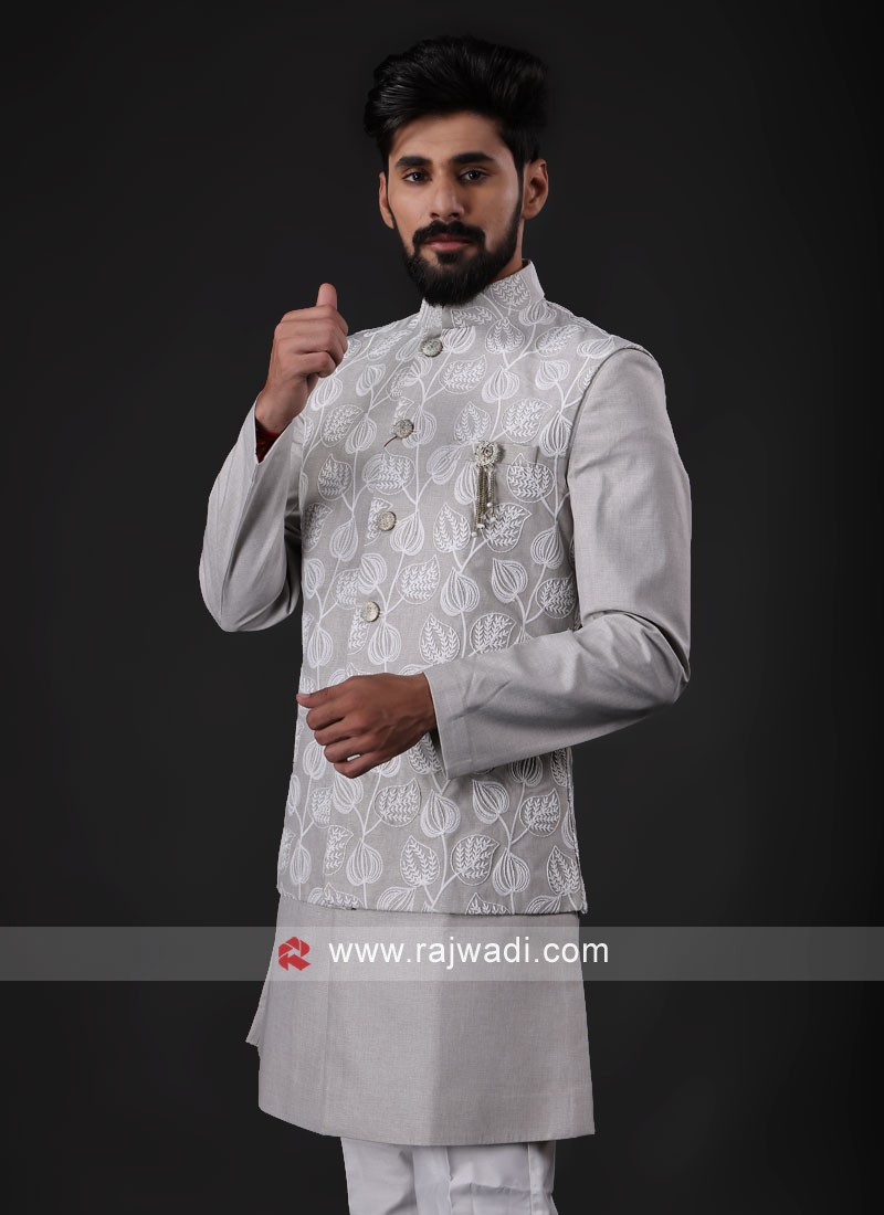 Grey Nehru Jacket Set In Linen With Thread Embroidered Work